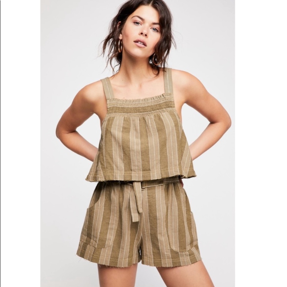 Free People Olive Green Striped Linen Blend Crop Tank Top Blouse - Picture 2 of 10